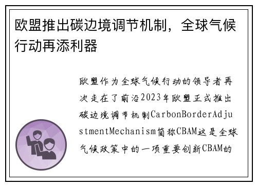 欧盟推出碳边境调节机制，全球气候行动再添利器