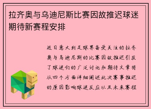 拉齐奥与乌迪尼斯比赛因故推迟球迷期待新赛程安排